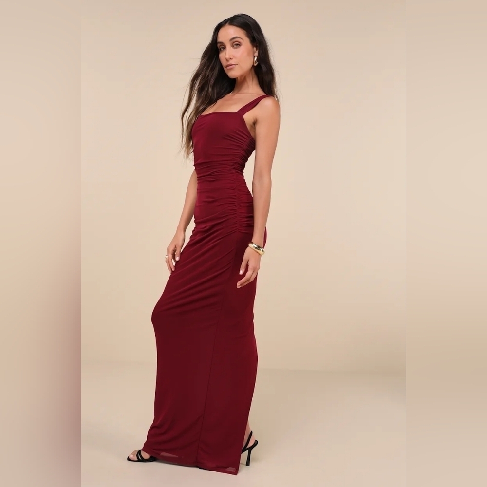 Lulus Amazing Presence Burgundy Mesh Ruched Column Maxi Dress S Wedding Party - Picture 3 of 10
